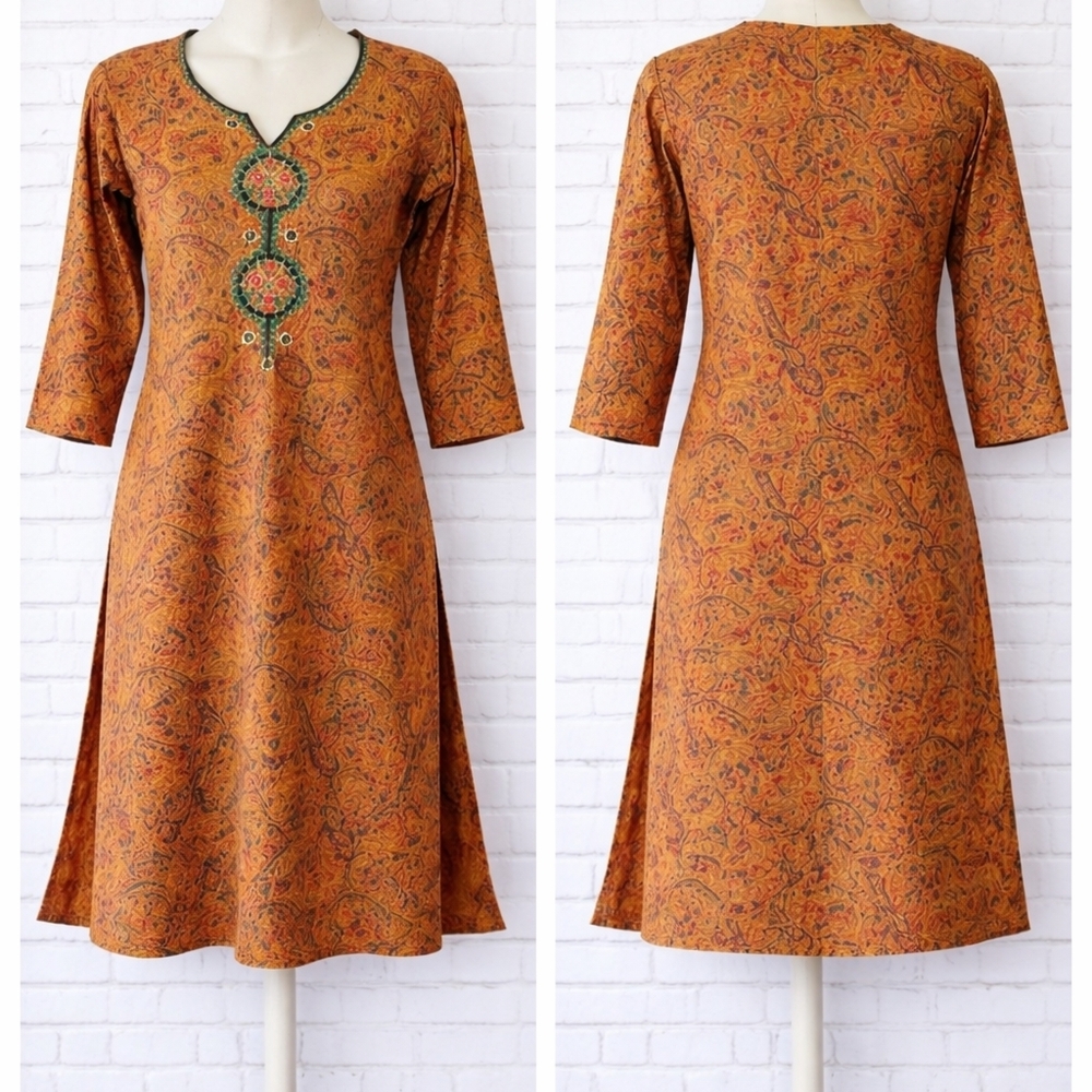 boho indian block print kurta dress embroidered neckline midi s